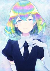 Rule 34 | 1other, diamond (houseki no kuni), elbow gloves, gloves, houseki no kuni, looking at viewer, mozuku (mozuuru0323), multicolored eyes, multicolored hair, necktie, other focus, puffy short sleeves, puffy sleeves, rainbow eyes, rainbow hair, short hair, short sleeves, smile, solo, upper body, white gloves