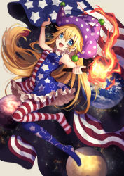 Rule 34 | 1girl, :d, alternate eye color, american flag, american flag dress, american flag legwear, arm up, bare arms, bare shoulders, bead bracelet, beads, blonde hair, blue dress, blue eyes, blue pantyhose, blush, bracelet, breasts, clownpiece, commentary request, dress, earth (planet), flag, full body, grey background, hair between eyes, hat, highres, holding, holding flag, holding torch, jester cap, jewelry, kyouda suzuka, long hair, looking at viewer, medium breasts, moon, nail polish, neck ruff, no shoes, open mouth, pantyhose, petticoat, planet, polka dot, polka dot headwear, purple hat, red dress, red nails, red pantyhose, short dress, simple background, sleeveless, sleeveless dress, smile, solo, space print, star (symbol), star print, starry sky print, striped clothes, striped dress, striped pantyhose, torch, touhou, very long hair, white dress, white pantyhose