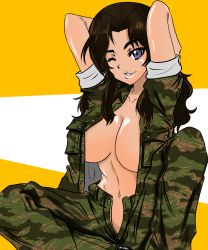 Rule 34 | 1girl, ;), absurdres, arms behind head, arms up, blue eyes, breasts, butterfly sitting, camouflage, camouflage jacket, camouflage pants, closed mouth, dark-skinned female, dark skin, el (girls und panzer), girls und panzer, green jacket, green pants, hair intakes, highres, jacket, knee up, large breasts, lips, long hair, looking at viewer, moesenyukikaze, navel, no bra, no panties, no shirt, one eye closed, open clothes, open fly, open jacket, pants, sitting, sleeves rolled up, smile, solo