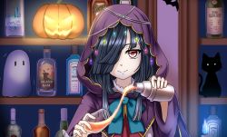 Rule 34 | 1girl, alcohol, bar (place), bat (animal), black hair, blue bow, blue bowtie, bow, bowtie, cat, cloak, closed mouth, cup, dress, drinking glass, ghost, hair over one eye, halloween, halterneck, hayashimo (kancolle), hime cut, jack-o&#039;-lantern, kantai collection, karuna (madlax), long hair, looking at viewer, pouring, red eyes, school uniform, shirt, smile, solo, uniform, upper body, very long hair, white shirt, wine glass, witch
