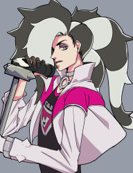 Rule 34 | 1boy, aqua eyes, black hair, creatures (company), cropped jacket, eyeshadow, floating clothes, game freak, gloves, grey background, gym leader, highres, holding, holding microphone, jacket, kon no senba, long hair, looking to the side, makeup, male focus, microphone, multicolored hair, nintendo, piers (pokemon), pokemon, pokemon swsh, solo, two-tone hair, upper body, white hair, white jacket