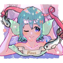 Rule 34 | 1girl, animal, animal ears, blue eyes, blue hair, border, collarbone, constellation, cropped shoulders, facing viewer, fins, fish, hair between eyes, head fins, highres, looking to the side, mahou shoujo madoka magica, mahou shoujo madoka magica (anime), miki sayaka, one eye closed, personification, pink ribbon, pisces (constellation), pisces (symbol), pisces (zodiac), ribbon, short hair, smile, solo, star (symbol), text focus, white border, yooki (winter cakes), zodiac