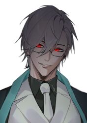 Rule 34 | 1boy, black coat, black shirt, coat, coat on shoulders, collared shirt, commentary request, earrings, glasses, grey hair, highres, jacket, jewelry, male focus, mr. fox (path to nowhere), necktie, parted lips, path to nowhere, red eyes, shirt, short hair, simple background, smile, solo, suit jacket, toho10min, white background, white jacket, white necktie