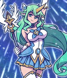 Rule 34 | 1girl, akairiot, alternate costume, bad id, bad twitter id, bare shoulders, boots, breasts, choker, commentary, gloves, green eyes, green hair, hair ornament, horns, league of legends, long hair, magical girl, medium breasts, pointy ears, single horn, skirt, smile, solo, soraka (league of legends), staff, star guardian (league of legends), star guardian soraka, strapless, thigh boots, thighhighs, very long hair, white footwear, white gloves