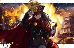 Rule 34 | 1girl, absurdres, badnick69 (camchi), belt, black hair, cape, chain, evil smile, explosion, family crest, fate/grand order, fate (series), gloves, hair between eyes, hat, highres, holding, holding sword, holding weapon, long hair, long sleeves, looking at viewer, oda nobunaga (fate), oda uri, peaked cap, red cape, red eyes, smile, smirk, solo, sword, very long hair, weapon, white gloves