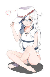 Rule 34 | 10s, 1girl, alternate costume, bare arms, bare legs, barefoot, blue eyes, collarbone, commentary request, eyebrows, female focus, flat cap, full body, hair between eyes, hammer and sickle, hat, hibiki (kancolle), highres, kantai collection, l (twintilde), long hair, silver hair, simple background, sitting, solo, star (symbol), verniy (kancolle), white background