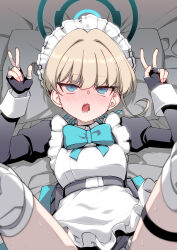 Rule 34 | 1girl, ahegao, apron, bed sheet, belt, black dress, black gloves, blonde hair, blue archive, blue eyes, blush, double v, dress, drooling, fingerless gloves, gloves, halo, highres, hitotose rin, juliet sleeves, legs up, long sleeves, lying, maid, maid headdress, on back, open mouth, puffy sleeves, rolling eyes, short hair, solo, teeth, thigh strap, thighhighs, toki (blue archive), tongue, tongue out, v, white apron, white thighhighs