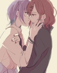 Rule 34 | 2girls, aoaoaoaoiao s, asakura toru, blue hair, eye contact, facing another, hands on another&#039;s arms, highres, higuchi madoka, idolmaster, idolmaster shiny colors, imminent kiss, light purple hair, looking at another, mole, mole under eye, multiple girls, nail polish, profile, red eyes, school uniform, simple background, upper body, yuri
