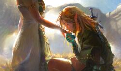 Rule 34 | 1boy, 1girl, absurdres, aqua skin, archaic set (zelda), armlet, blonde hair, blue skin, bracelet, breasts, brown hair, closed eyes, colored skin, dress, earrings, fringe trim, from side, hair down, head out of frame, hetero, highres, holding hands, imminent kiss, jewelry, kiss, kissing hand, link, linkdetiangou, long hair, medium breasts, mountainous horizon, multiple rings, nintendo, on one knee, pointy ears, princess zelda, profile, ring, short sleeves, standing, sword, the legend of zelda, the legend of zelda: tears of the kingdom, weapon, weapon on back, white dress, white nails