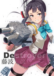 1girl adapted_turret ahoge anti-aircraft anti-aircraft_gun asymmetrical_bangs black_hair bow bowtie breasts cannon character_name cowboy_shot dress fujinami_(kancolle) fujinami_kai_ni_(kancolle) hair_ribbon highres holding holding_turret kantai_collection long_hair long_sleeves machinery medium_hair purple_hair ribbon rigging school_uniform ship_turret shirt side_ponytail small_breasts smile smokestack solo tirasi_(so) torpedo_launcher torpedo_tubes turret white_ribbon white_shirt yellow_eyes