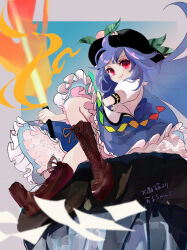 Rule 34 | 1girl, absurdres, black hat, blue hair, blue skirt, boots, brown footwear, closed mouth, emimi (emimi 28), frilled skirt, frills, fruit hat ornament, full body, hat, hat ornament, highres, hinanawi tenshi, holding, holding sword, holding weapon, knee boots, long hair, looking at viewer, peach hat ornament, puffy short sleeves, puffy sleeves, rainbow order, red eyes, shirt, short sleeves, sitting, skirt, smile, solo, sword, sword of hisou, touhou, weapon, white shirt