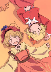 Rule 34 | 2girls, aki minoriko, aki shizuha, apron, blonde hair, blush, closed mouth, collared shirt, food-themed hat ornament, fruit hat ornament, grape hat ornament, hair ornament, hat, hat ornament, leaf hair ornament, long sleeves, mob cap, multiple girls, open mouth, rangycrow, red apron, red headwear, red shirt, red skirt, shirt, short hair, siblings, sisters, skirt, smile, touhou, wide sleeves, yellow shirt