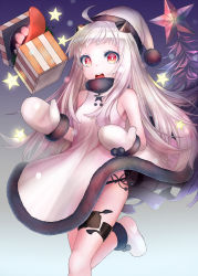Rule 34 | 10s, 1girl, :d, abyssal ship, ahoge, black panties, box, dress, gift, gift box, highres, horns, kantai collection, long hair, looking at viewer, mittens, mizuya nao, northern ocean princess, open mouth, pale skin, panties, red eyes, side-tie panties, silver hair, smile, solo, standing, standing on one leg, underwear, white dress
