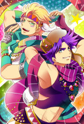 Rule 34 | 2boys, bad id, bad pixiv id, battle tendency, blonde hair, bomber hat, bracelet, caesar anthonio zeppeli, crop top, facial mark, feather hair ornament, feathers, fingerless gloves, gloves, green eyes, green jacket, hair ornament, hat, headband, hikage sumihito, jacket, jewelry, jojo no kimyou na bouken, joseph joestar, joseph joestar (young), kokehito, male focus, midriff, multiple boys, necklace, purple hair, red stone of aja, scarf, sleeveless, striped clothes, striped scarf