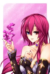 Rule 34 | 1girl, bare shoulders, blue eyes, breasts, cleavage, clenched hand, detached sleeves, female focus, fi-san, gem, hand on own chest, happy, heterochromia, highres, jewelry, large breasts, long hair, magic, nail polish, necklace, open mouth, original, purple hair, red eyes, smile, solo, strapless