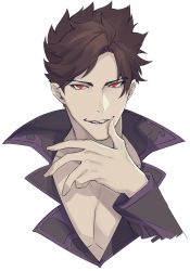 Rule 34 | 1boy, belial (granblue fantasy), brown hair, fingernails, granblue fantasy, grin, hand up, highres, long sleeves, male focus, portrait, red eyes, samei ikusa, simple background, smile, solo, white background
