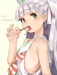 Rule 34 | 1girl, anchor hair ornament, arm up, bare arms, bare shoulders, blush, chain, dongsa wonhyong, dress, eating, food, food in mouth, from side, green eyes, hair ornament, hair ribbon, highres, italian text, kantai collection, long hair, looking at viewer, maestrale (kancolle), mixed-language commentary, one side up, open mouth, pocky, pocky day, ribbon, sailor dress, silver hair, simple background, sleeveless, sleeveless dress, solo, tan, tanline, upper body, white dress
