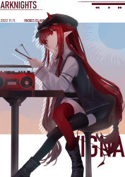 Rule 34 | 1girl, afterimage, arknights, asymmetrical legwear, black footwear, black hat, black jacket, black ribbon, black skirt, black thighhighs, boombox, boots, braid, cabbie hat, closed mouth, commentary request, copyright name, dated, demon girl, demon horns, demon tail, food, hair ribbon, hat, hemorina, highres, holding, holding food, horns, horns through headwear, jacket, long hair, looking away, mismatched legwear, open clothes, open jacket, pocky day, pointy ears, red eyes, red hair, red thighhighs, ribbon, shirt, sitting, skirt, solo, stool, table, tail, thighhighs, thighhighs under boots, very long hair, vigna (arknights), white shirt