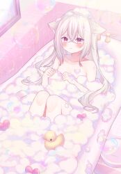 Rule 34 | 1girl, absurdres, animal ears, bath, bathing, bathtub, cat ears, cat girl, convenient censoring, erunoto, expressionless, fang, fang out, highres, indie virtual youtuber, long hair, looking at viewer, mitarai komoru, nude, pink eyes, rubber duck, soap bubbles, soap censor, virtual youtuber, white hair