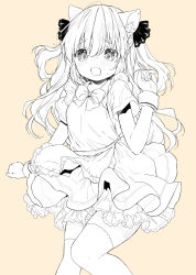 Rule 34 | 1girl, animal ear fluff, animal ears, apron, blush, bow, bowtie, cat ears, cowboy shot, dress, embarrassed, frilled dress, frills, hair bow, highres, long hair, maid, monochrome, mutou mato, open mouth, original, short sleeves, simple background, solo, sweat, thighhighs, two side up, wrist cuffs, zettai ryouiki