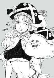 Rule 34 | 1girl, breasts, choker, cloud, greyscale, hat, highres, large breasts, long hair, misokkasu, monochrome, nami (one piece), one eye closed, one piece, one piece film: red, pirate, pirate hat, skirt, smile, underboob, zeus (one piece)