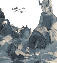 Rule 34 | 4boys, branch, closed eyes, fengxi (the legend of luoxiaohei), grass, horns, long sleeves, luozhu (the legend of luoxiaohei), monochrome, multiple boys, pointy ears, profile, shirt, short sleeves, sleeping, sleeveless, sleeveless shirt, luo xiaohei zhanji, tianhu (the legend of luoxiaohei), translation request, triple bambi, wide sleeves, xuhuai (the legend of luoxiaohei)