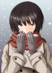 Rule 34 | 1girl, amagami, black eyes, black hair, blush, breathing on hands, gloves, highres, jacket, looking at viewer, nanasaki ai, open mouth, red scarf, saitou shouki, scarf, short hair, snow, solo, winter