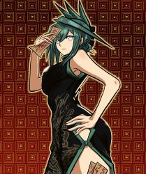 Rule 34 | 1girl, absurdres, artist request, bare arms, black eyes, breasts, china dress, chinese clothes, curvy, dress, green hair, hair between eyes, hair ornament, hand on own hip, highres, large breasts, long hair, looking at viewer, shaman king, shiny skin, short hair, skin tight, solo, talisman, tao jun