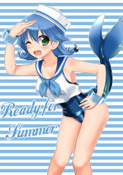 Rule 34 | 1girl, blue hair, blue sailor collar, bracelet, fins, fish tail, green eyes, hat, jewelry, mint (cerbi), one-piece swimsuit, one eye closed, original, sailor collar, sailor hat, school swimsuit, short hair, solo, swimsuit, swimsuit under clothes, tail, wink