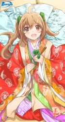 Rule 34 | 1girl, ahoge, bow, brown eyes, brown hair, from above, green bow, hair bow, hair ornament, hairclip, hand fan, highres, inoue sora, japanese clothes, kimono, layered clothes, layered kimono, long hair, looking at viewer, looking up, midori-chan (myslot), myslot, open mouth, seiza, sitting, smile, solo, tatami, two side up