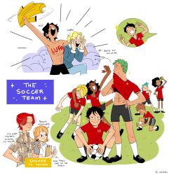 Rule 34 | 1girl, 6+boys, ^ ^, abs, afro, alternate universe, arm around neck, arrow (symbol), ball, black hair, blonde hair, blue hair, body writing, brook (one piece), brown hair, cesel, cheering, closed eyes, clothes lift, contemporary, dark-skinned male, dark skin, double v, english text, closed eyes, franky (one piece), green hair, highres, humanization, kneeling, leaning forward, lifted by self, long sleeves, medium hair, monkey d. luffy, motion lines, multiple boys, nami (one piece), one piece, open mouth, orange hair, portgas d. ace, red hair, roronoa zoro, sabo (one piece), sanji (one piece), shanks (one piece), shirt, shirt lift, shoes, short hair, short sleeves, shorts, smile, soccer ball, soccer uniform, socks, sparkle, sportswear, standing, stomach, toned, toned male, tony tony chopper, topless male, twitter username, v, very dark skin