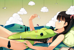 Rule 34 | 1girl, bird, black hair, blue eyes, book, cloud, competition swimsuit, covered navel, fence, flower, giant, giantess, green one-piece swimsuit, hair flower, hair ornament, highleg, highleg swimsuit, hill, house, long hair, lying, md5 mismatch, on back, one-piece swimsuit, open mouth, original, pillow, props, resolution mismatch, revision, rubber band, scenery, skin tight, source larger, swimsuit, tree, twintails, yokaze japan