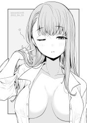 Rule 34 | 1girl, blush, breasts, commentary request, dated, greyscale, highres, kichihachi, large breasts, long hair, looking at viewer, monochrome, one eye closed, open clothes, open shirt, original, solo, twitter username, upper body