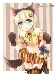Rule 34 | 10s, 1girl, animal ears, animal hands, bare shoulders, blue eyes, blush, boots, food-themed hair ornament, gloves, hair ornament, halloween, headband, jack-o&#039;-lantern, kantai collection, looking at viewer, maruki (punchiki), midriff, navel, open mouth, paw gloves, pumpkin hair ornament, short hair, silver hair, solo, tail, thighhighs, twitter username, z1 leberecht maass (kancolle)