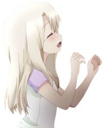 Rule 34 | 1girl, blonde hair, blush, child, closed eyes, extraction, fate/kaleid liner prisma illya, fate (series), female focus, flat chest, from side, illyasviel von einzbern, long hair, official art, open mouth, profile, purple sleeves, shirt, short sleeves, simple background, solo, straight hair, third-party edit, transparent background, upper body, white shirt