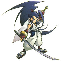 Rule 34 | blue hair, brave fencer musashiden, katana, nomura tetsuya, official art, retro artstyle, samurai, sword, weapon