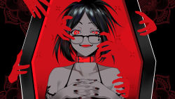 Rule 34 | 1girl, absurdres, black hair, black nails, blending, coffin, collar, disembodied hand, eye (vocaloid), eyelashes, fingernails, glasses, hands on another&#039;s head, hands over breasts, heart, heart-shaped pupils, highres, kamiesisyanon, kson, kson (person), lace, limited palette, looking at viewer, nail polish, open mouth, padding, real life, red eyes, solo, symbol-shaped pupils, upper body, virtual youtuber, vocaloid