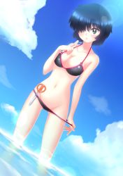 Rule 34 | 1girl, bikini, bikini pull, black bikini, black hair, blue sky, blue theme, blush, breasts, cleavage, clothes pull, cloud, day, dutch angle, green eyes, groin, hair over one eye, highres, large breasts, lens flare, looking at viewer, navel, nazo no kanojo x, object in clothes, object in swimsuit, ocean, one-piece swimsuit pull, pulled by self, saliva, saliva trail, scissors, short hair, sky, solo, standing, string bikini, summer, swimsuit, urabe mikoto, wading, waruiga, water