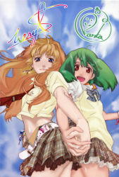 Rule 34 | 00s, 2girls, :d, absurdres, belt, blonde hair, blue eyes, character signature, cloud, day, earrings, from below, green hair, highres, holding hands, jewelry, lion (macross frontier), long hair, looking down, macross, macross frontier, midriff, multiple girls, navel, necktie, open mouth, plaid, plaid skirt, ranka lee, red eyes, reference work, ribbon, scan, school uniform, serafuku, sheryl nome, signature, skirt, smile, sweater vest, wind