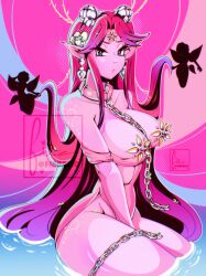 Rule 34 | 1girl, arm tattoo, between breasts, blue eyes, breasts, broken, broken chain, chain, cleavage, collar, collarbone, colored skin, cresscin, dress, earrings, fairy, flower, hair flower, hair ornament, jewelry, large breasts, leg tattoo, long hair, looking at viewer, no panties, personification, pink background, pink dress, pink skin, pointy ears, red hair, shoulder tattoo, sidelocks, sitting, sleeveless, sleeveless dress, spring (season), strap slip, tattoo, thick thighs, thighs, water