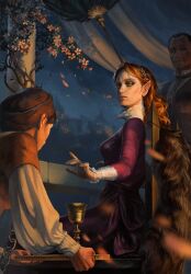 Rule 34 | 1girl, 2boys, aen elle, chalice, cup, dress, european clothes, gwent (game), highres, holding, holding tray, long hair, multiple boys, night, non-web source, orange hair, pillar, pointy ears, purple dress, the witcher (series), tray