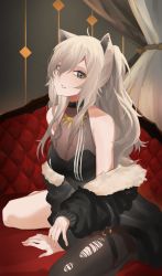 Rule 34 | 1girl, absurdres, animal ears, black jacket, blu (1712), breasts, cleavage, ear piercing, from side, fur trim, grey eyes, grey hair, head tilt, highres, hololive, jacket, lion ears, lion girl, long hair, looking at viewer, medium breasts, o-ring, o-ring thigh strap, off shoulder, parted lips, piercing, see-through, see-through cleavage, shishiro botan, sitting, solo, thigh strap, torn clothes, torn legwear, virtual youtuber, wariza
