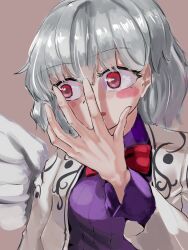Rule 34 | 1girl, blush, bow, bowtie, covering own mouth, fingernails, grey hair, gunnjou yosio, hand over own mouth, highres, jacket, kishin sagume, looking to the side, nervous, open mouth, purple shirt, red bow, red bowtie, red eyes, shirt, short hair, simple background, single wing, solo, touhou, white wings, wings