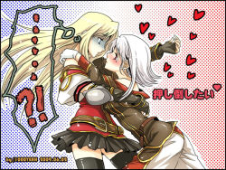 Rule 34 | !?, ..., 2girls, blonde hair, blue eyes, blush, chiseko1000yeah, eye contact, female focus, fingerless gloves, from side, gloves, gradient background, heart, hug, imminent kiss, kannazuki no miko, lidia, long hair, looking at another, md5 mismatch, miko embrace, mole, multiple girls, octavia, octavia (tears to tiara), parody, plaid, plaid skirt, profile, red eyes, short hair, silver hair, simple background, skirt, tears, tears to tiara, thighhighs, thought bubble, turn pale, yuri