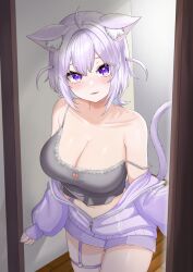 Rule 34 | 1girl, absurdres, ahoge, animal ears, breasts, camisole, cat ears, cat tail, cleavage, grey camisole, highres, hololive, jacket, large breasts, lazycoffee (wyen iscordo), multicolored clothes, multicolored jacket, navel, nekomata okayu, nekomata okayu (membership), partially unzipped, purple eyes, purple hair, purple nails, purple shorts, shorts, strap slip, tail, virtual youtuber
