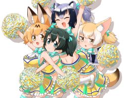 Rule 34 | 10s, 4girls, alternate costume, alternate hairstyle, animal ear fluff, animal ears, bad id, bad twitter id, bare shoulders, black hair, blonde hair, blue eyes, bow, bowtie, cheerleader, commentary request, common raccoon (kemono friends), crop top, closed eyes, fennec (kemono friends), fox ears, fox tail, frilled skirt, frills, grey hair, highres, inaba31415, kaban (kemono friends), kemono friends, kemono friends festival, matching hairstyle, matching outfits, multicolored hair, multiple girls, pleated skirt, pom pom (cheerleading), raccoon ears, raccoon tail, serval (kemono friends), short hair, short twintails, skirt, sleeveless, tail, thighhighs, twintails, yellow eyes, zettai ryouiki