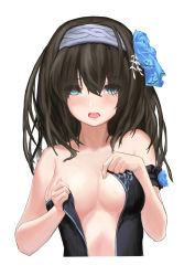 Rule 34 | 10s, 1girl, absurdres, arm garter, bad id, bad pixiv id, bare shoulders, black hair, blue eyes, blue flower, blush, breasts, cleavage, colored eyelashes, cropped torso, flower, hair between eyes, hair flower, hair ornament, hairband, highres, idolmaster, idolmaster cinderella girls, idolmaster cinderella girls starlight stage, large breasts, long hair, looking at viewer, open mouth, sagisawa fumika, shou xun bu liang, simple background, solo, strapless, undressing, upper body, white background