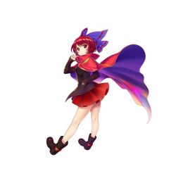 Rule 34 | 1girl, black footwear, black shirt, boots, bow, cape, cloak, closed mouth, full body, game cg, hair bow, highres, long sleeves, looking at viewer, red cape, red eyes, red hair, red skirt, rotte (1109), sekibanki, shirt, simple background, skirt, solo, third-party source, touhou, white background