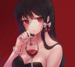 Rule 34 | 1girl, bare shoulders, black hair, bow, bracelet, breasts, cherry, cleavage, closed mouth, collarbone, commentary, cup, drinking glass, earrings, english commentary, fingernails, food, fruit, head tilt, holding, holding food, jewelry, long hair, looking at viewer, md5 mismatch, medium breasts, original, ozzingo, pearl bracelet, pink bow, red background, red eyes, resolution mismatch, sharp fingernails, simple background, solo, strapless, upper body, wine glass