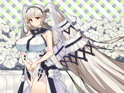 Rule 34 | 1girl, 47 hard, absurdly long hair, artist name, azur lane, bow, breasts, clothing cutout, dress, dress bow, formidable (azur lane), formidable (timeless classics) (azur lane), hair ornament, highres, huge breasts, long hair, navel, navel cutout, official alternate costume, red eyes, simple background, solo, two-tone ribbon, veil, very long hair, walking